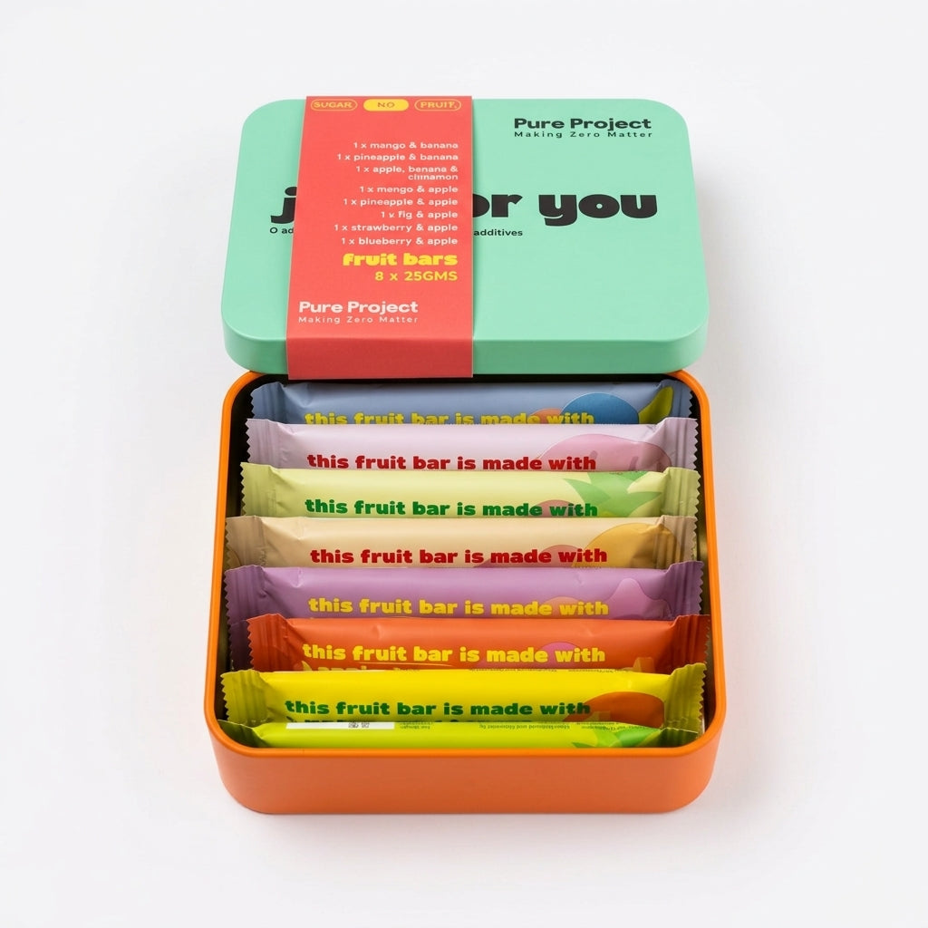 Pure Project gift tin filled with fruit bars