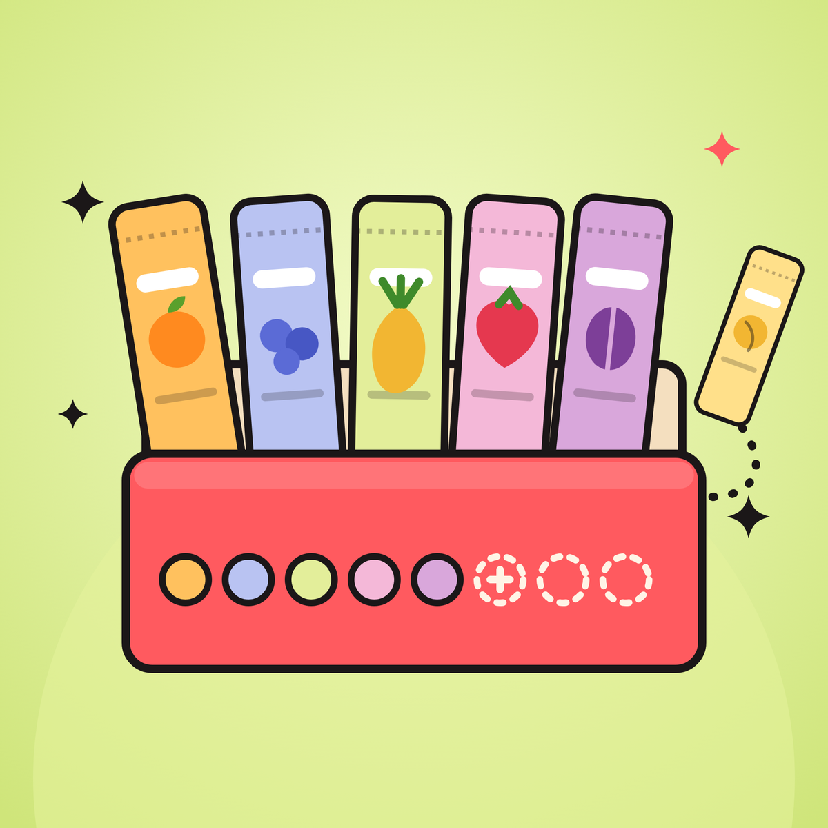 An open red box being filled with fruit bars in different flavours, with empty slots to fill